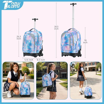 NEW TILAMI 18-Inch Rolling Backpack 6-Wheel for Kids School Travel - color: Purple Star