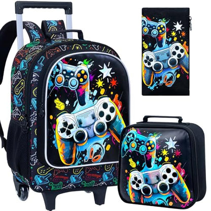 KLFVB Rolling Backpack for Girls Boys, Kids Roller Wheels School Bookbag with Lunch Bag, Wheeled School Bag for Children - color: Upgraded Uv Printing Game Console Set