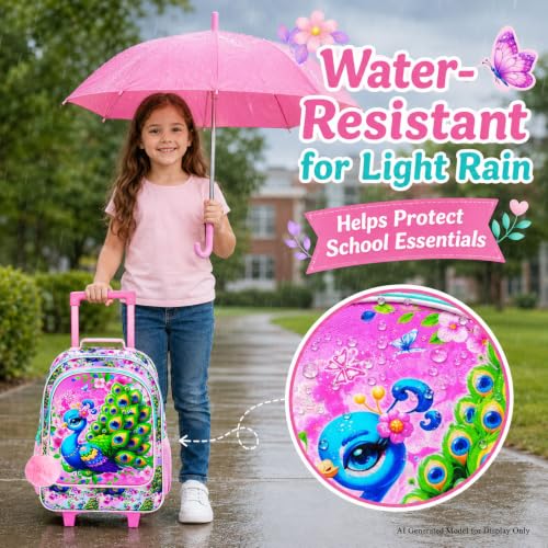 UFNDC 4PCS Girls Backpack with Wheels, Cute Kids Peacock Wheeled Backpack，Roller School Bag with Wheels for Elementary Preschool Travel - color: UV Printing Green Peacock Rolling Backpack