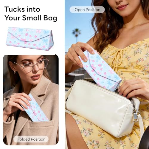 Sunglasses Case, Foldable Glasses Case, Magnetic PU Leather Hard Shell Folding Eyeglass Holder Box - color: Strawberry