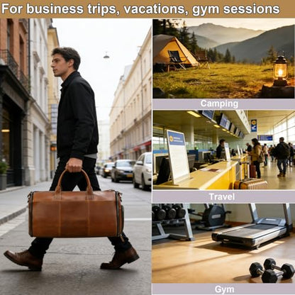Full Grain Leather Duffel Bag for Men, 2-in-1 Garment Travel Bag with Shoe Compartment, Weekender Overnight Bag for Business Trip, Light Brown - color: Y22a01Y Light brown