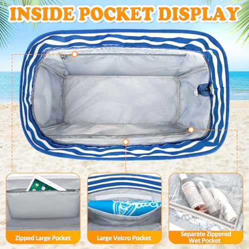 Large Beach Bag with Zipper, 12 Pockets Waterproof Sandproof Pool Bag Womens Mesh Beach Tote Bag for Travel Vacation - color: Navy Blue