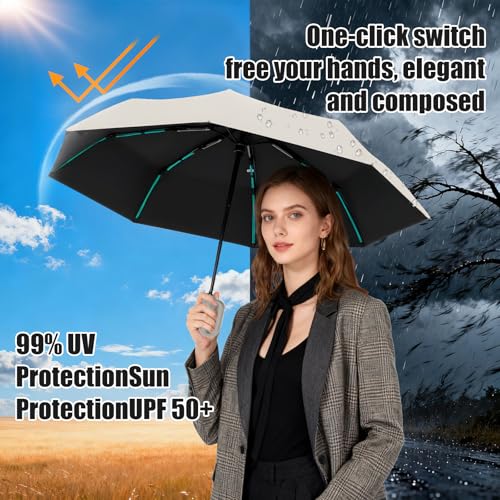Compact Automatic Folding Umbrella – Portable Backpack Umbrella with Hook - color: white