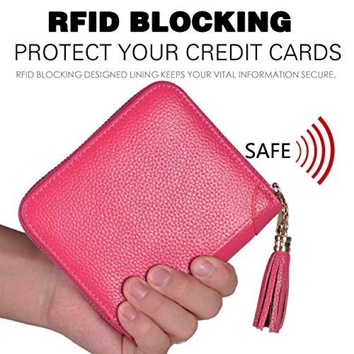 Easyoulife Womens Credit Card Holder Wallet Zip Leather Card Case RFID Blocking (Rose) - color: Rose