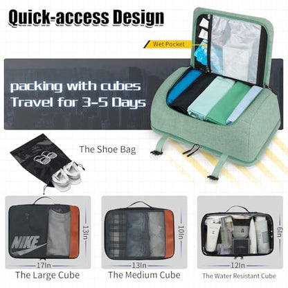 42L Carry On Travel Backpack With 4 Packing Cubes, TSA Friendly - color: Green
