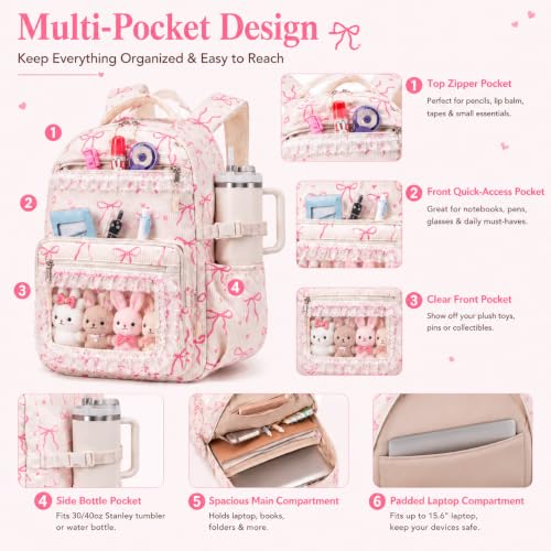 LEDAOU Backpack for Girls School Bag Kids Bookbag Teen Backpack Set Daypack with Lunch Bag and Pencil Case - color: A-lace Bow Beige