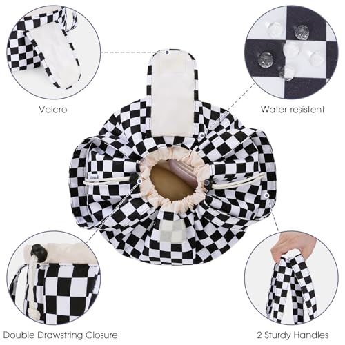 Narwey Lay Flat Drawstring Makeup Bag, Travel Toiletry Cosmetic Bag Women - color: Z-Black Checkerboard