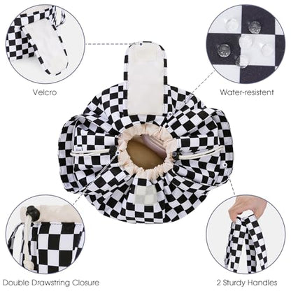 Narwey Lay Flat Drawstring Makeup Bag, Travel Toiletry Cosmetic Bag Women - color: Z-Black Checkerboard