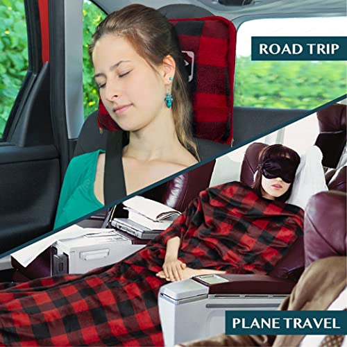 PAVILIA Travel Blanket and Pillow, Soft Ribbed Fleece Airplane, Plaid Red - color: Checkered Red