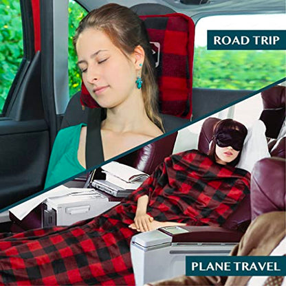 PAVILIA Travel Blanket and Pillow, Soft Ribbed Fleece Airplane, Plaid Red - color: Checkered Red