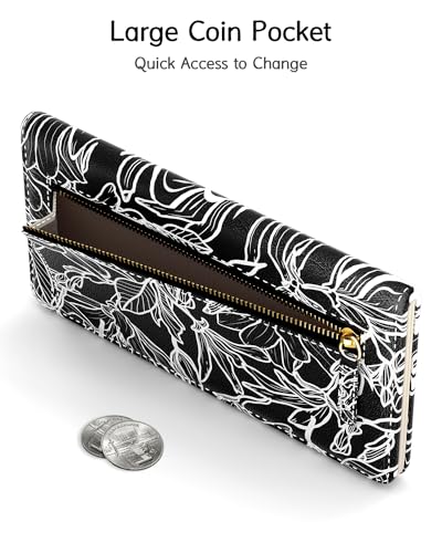 Nipichsha Womens Wallet, RFID Slim Wallets for Women, Thin Ladies Credit Card Holder Purse, Cute Leather Bifold Clutch Billfold with 11 Card Slots & ID Window, Black White Leaf - color: Black White Leaf