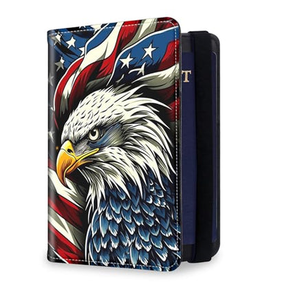 RFID Security Premium Passport and Travel Document Holder Combo, Slim PU Leather Folio Wallet with 3 Card Slots & Boarding Pass Pocket, Secure Elastic Closure Organizer, American Flag Eagle - color: American Flag Eagle