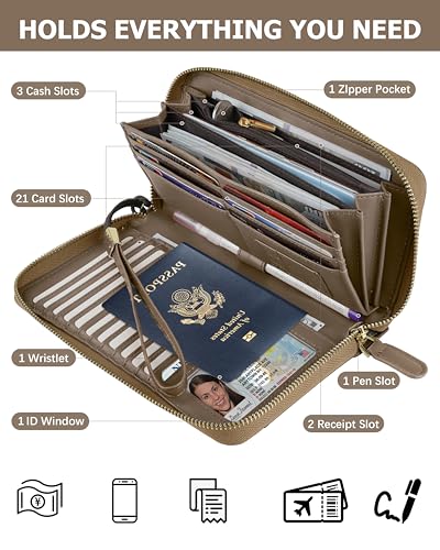 Large Wallet for Women, Clutch Wallet with Passport Holder - color: Camel
