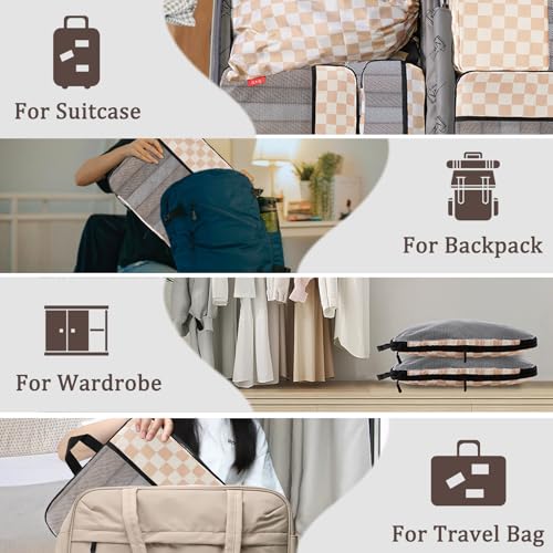 U+U 10 Set Compression Packing Cubes, Travel Organizers (Khaki Checkered) - color: Khaki Checkered, size: 10 Set