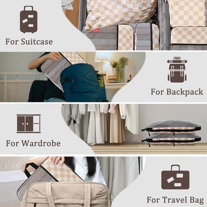 U+U 10 Set Compression Packing Cubes, Travel Organizers (Khaki Checkered) - color: Khaki Checkered, size: 10 Set