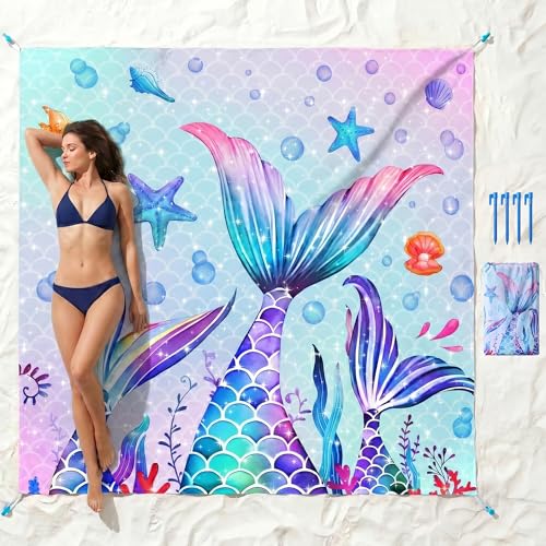 Mermaid Beach Blanket, Large 79" x 83" Sandproof Water-Resistant Beach Mat - color: Mermaid