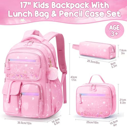 Fimibuke Backpack for Girls, 3 PCS Bookbag Set with Lunch Box & Pencil Case - color: Pink
