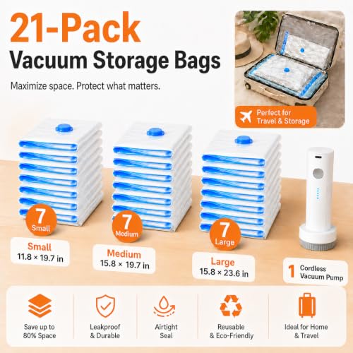 21 Pack Vacuum Bags for Travel with Rechargeable Pump, Save Luggage Space - color: Clear, size: 21 Combo