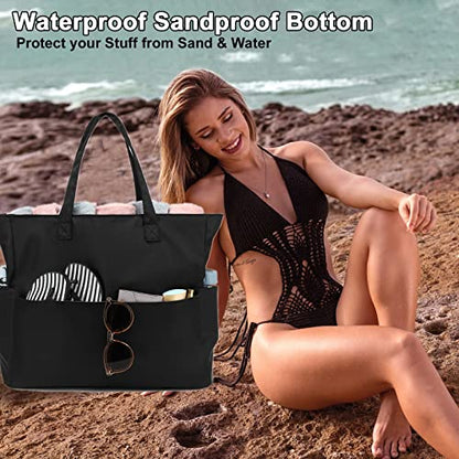 Bluboon Waterproof Beach Tote Pool Bags for Women Ladies Extra Large Carry On Bag With Wet Compartment for Weekender Travel - color: M-black