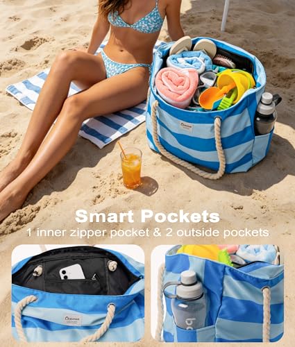 Oceanae Beach Bags Waterproof Sandproof, XL Large Pool Tote Bag with Zipper for Women - color: Red Orange（rope）