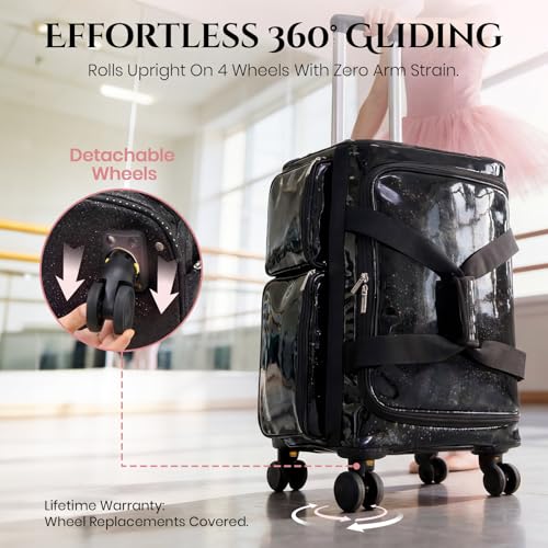 Fanwoli 23" Rolling Dance Bag with Garment Rack, 4-Wheel Competition Duffel - color: Sparkling Black