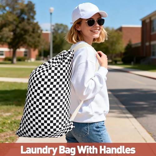 Laundry Bag Backpack for Dorm & Travel, 29 x 18" Large Dirty Bag - color: Black White Checkered