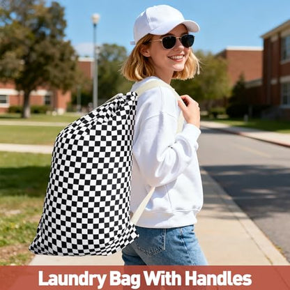 Laundry Bag Backpack for Dorm & Travel, 29 x 18" Large Dirty Bag - color: Black White Checkered
