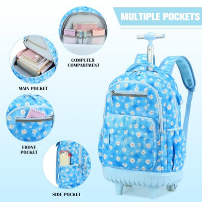 ACESAK Rolling Backpack for Girls with Lunch Bag & Pencil Pouch - color: Blue Daisy