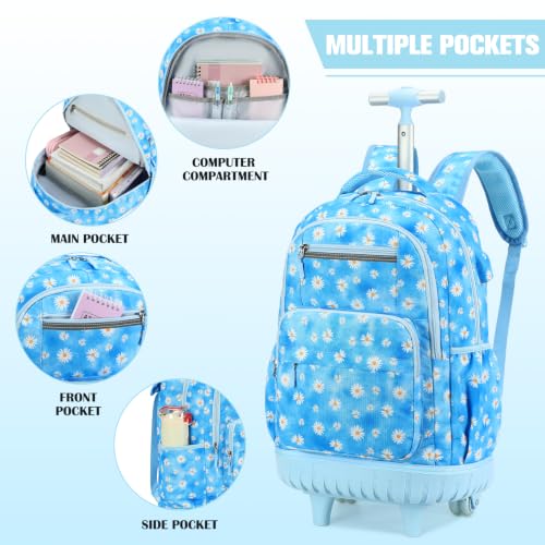ACESAK Rolling Backpack for Girls with Lunch Bag & Pencil Pouch - color: Blue Daisy