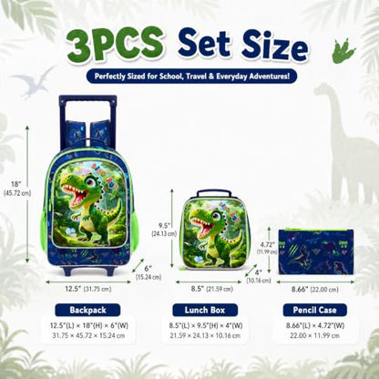 KLFVB Rolling Backpack for Girls Boys, Kids Roller Wheels School Bookbag with Lunch Bag, Wheeled School Bag for Children - color: Uv Priting Cute Dinosaur Rolling Backpack Set