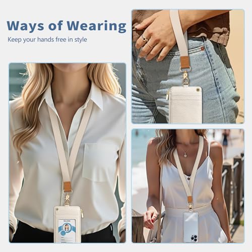 Beige Lanyard Wallet with Id Badge Holder Keychain for Card Women - color: Solid-beige