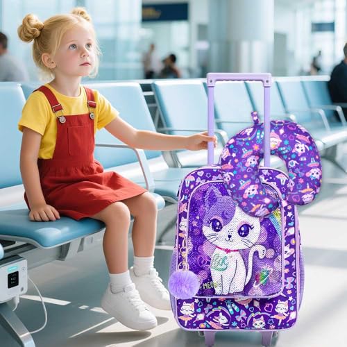 UFNDC 5PCS Kids Suitcase Set for Girls, Cute Sequins Cat Rolling Luggage, Travel Carry-On for Toddlers & Elementary Children - color: Reversible Sequins Cat Luggage 5PCS Set