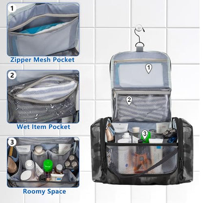 Hanging Toiletry Bag for Men, Tactical Dopp Kit Toiletry Travel Bag - color: Black Camo