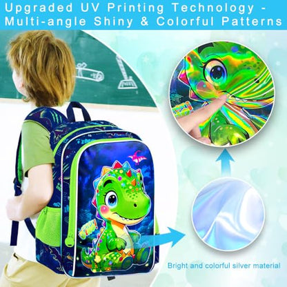 gxtvo 3PCS Boys Dinosaur Backpack Set, 16" Kids Bookbag with Lunch Box, Water Resistant Elementary Preschool Toddler School Bag - Cute Green Dino - color: Toe Dinosaur Green