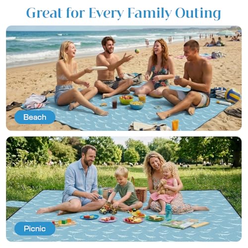 OIGAE Beach Blanket Waterproof Sandproof Oversized Beach Mat - color: Light Blue Whale, size: 7x7 Ft (2～4 person)