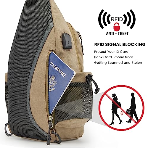 G4Free Canvas Crossbody Sling Bag with RFID Blocking for Women Men - color: Light Tan