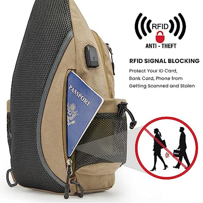 G4Free Canvas Crossbody Sling Bag with RFID Blocking for Women Men - color: Light Tan