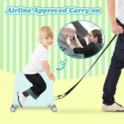 20" Kids Ride-On Suitcase with Rope, Carry-On Luggage with TSA Lock - color: Green