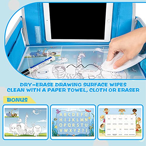 MENZOKE Bundle–2 items Kids Travel Tray with Dry Erase Board & Storage Pocket, Blue & Pink