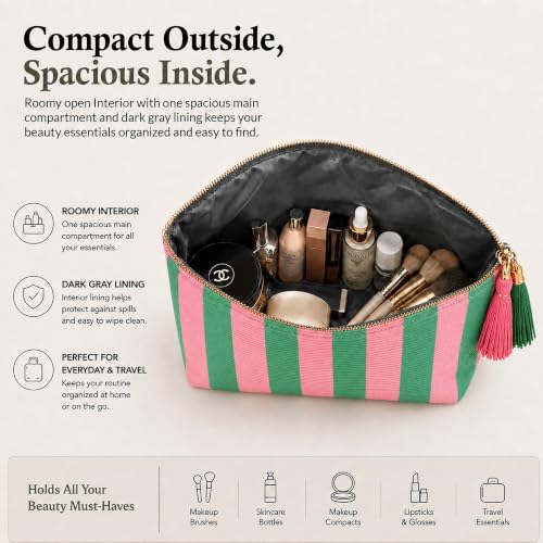 Cosmetic Bag for Women, Pink and Green Stripe Canvas Makeup Bag, Travel Toiletry Organizer - color: Pink and Green Stripe