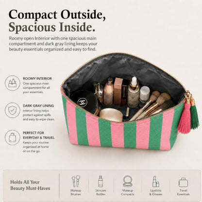 Cosmetic Bag for Women, Pink and Green Stripe Canvas Makeup Bag, Travel Toiletry Organizer - color: Pink and Green Stripe