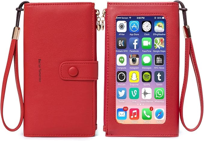 myfriday Touch Screen RFID Phone Crossbody Purse with 2 Straps for Women - color: B-red