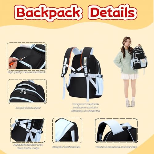 Bows Backpack for Girls 3PCS Backpack for Elementary Junior School Travel - color: 3pcs Black+blue