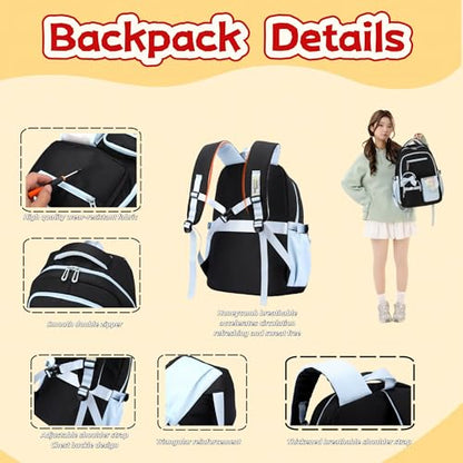 Bows Backpack for Girls 3PCS Backpack for Elementary Junior School Travel - color: 3pcs Black+blue
