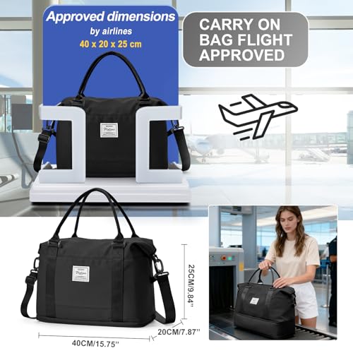 Travel Duffel Weekender Bag Women Tote Carry On Bags With Shoe Compartment - color: A-Black, size: M