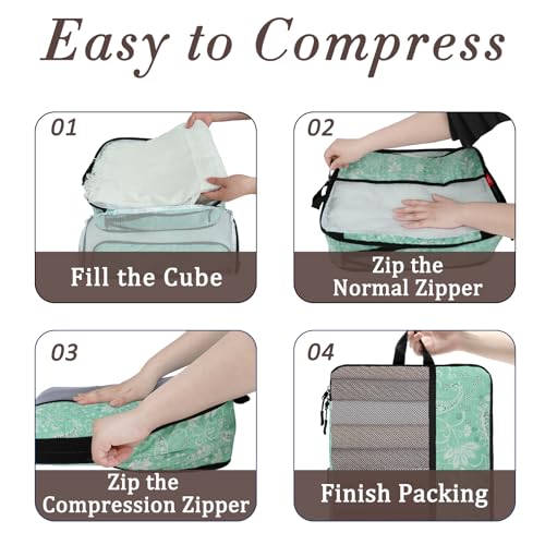U+U 6 Set Compression Packing Cubes, Travel Organizers (Green Paisley) - color: Green Paisley, size: 6 Set