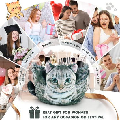 Cat Shaped Drawstring Makeup Bag for Women - Grey Tabby Cat Design Cosmetic Case - color: Grey Tabby Cat