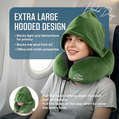 SkytraxComf® Travel Neck Pillow with Hood for Privacy on Long Flights - color: Olive