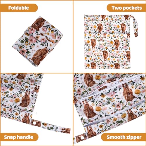 2pcs Cloth Diaper Wet Dry Bags with Two Zippered Pockets-Highland Cow - color: Cow