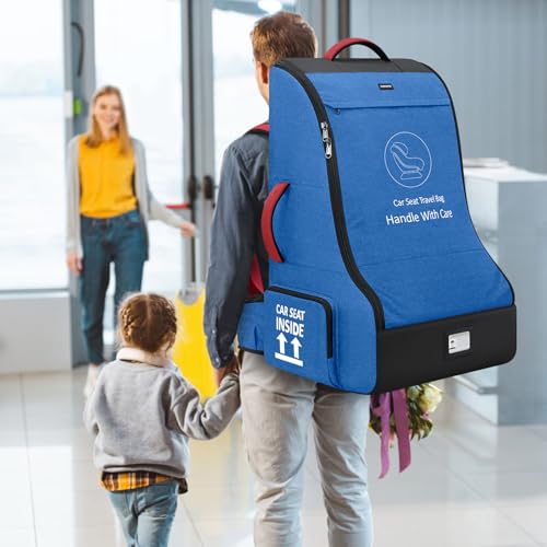 RAINSMORE Padded Car Seat Travel Bag for Airplane Car Seat Backpack, Blue - color: Blue&Black